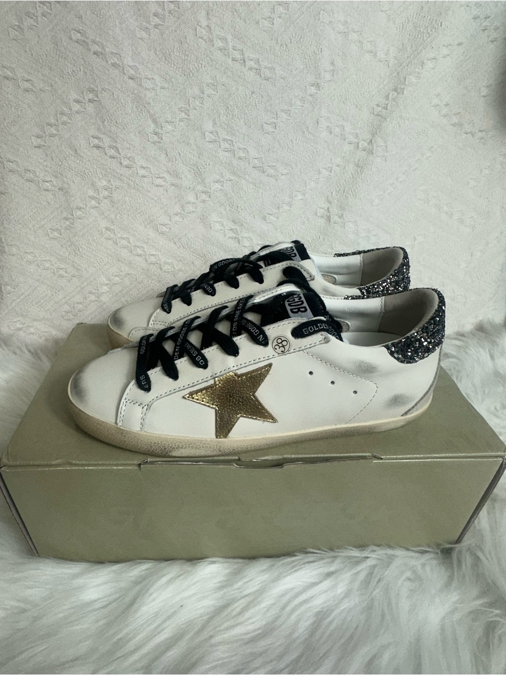 Golden Goose White Leather Sneakers with Gold Star & Black Glitter Heel